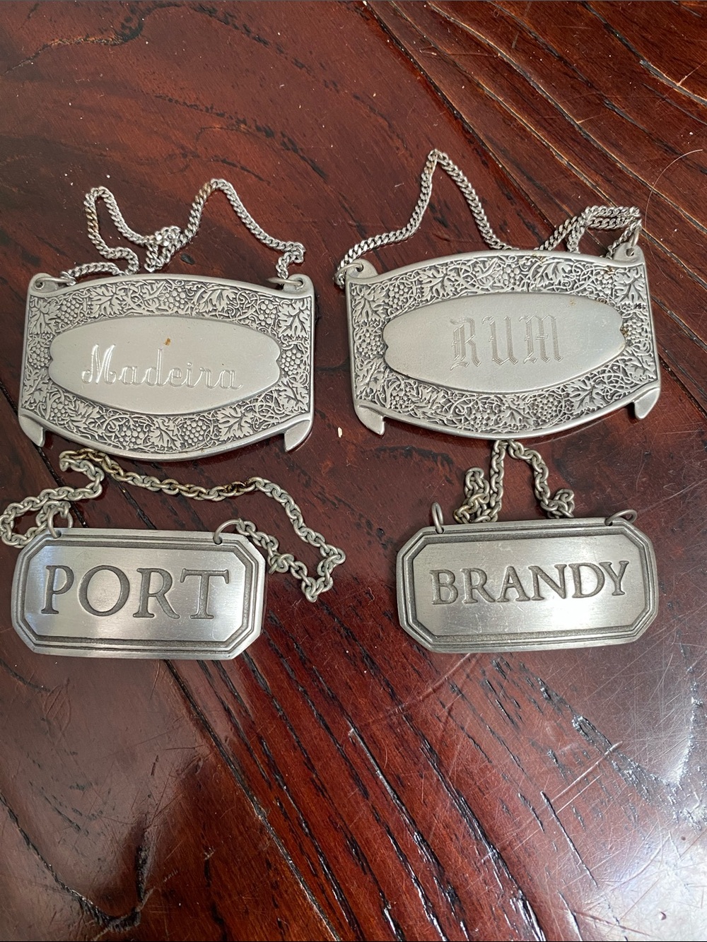 Royal Selangor Pewter 4 Liquor Labels Signs w Chains Madeira Rum Port Brandy